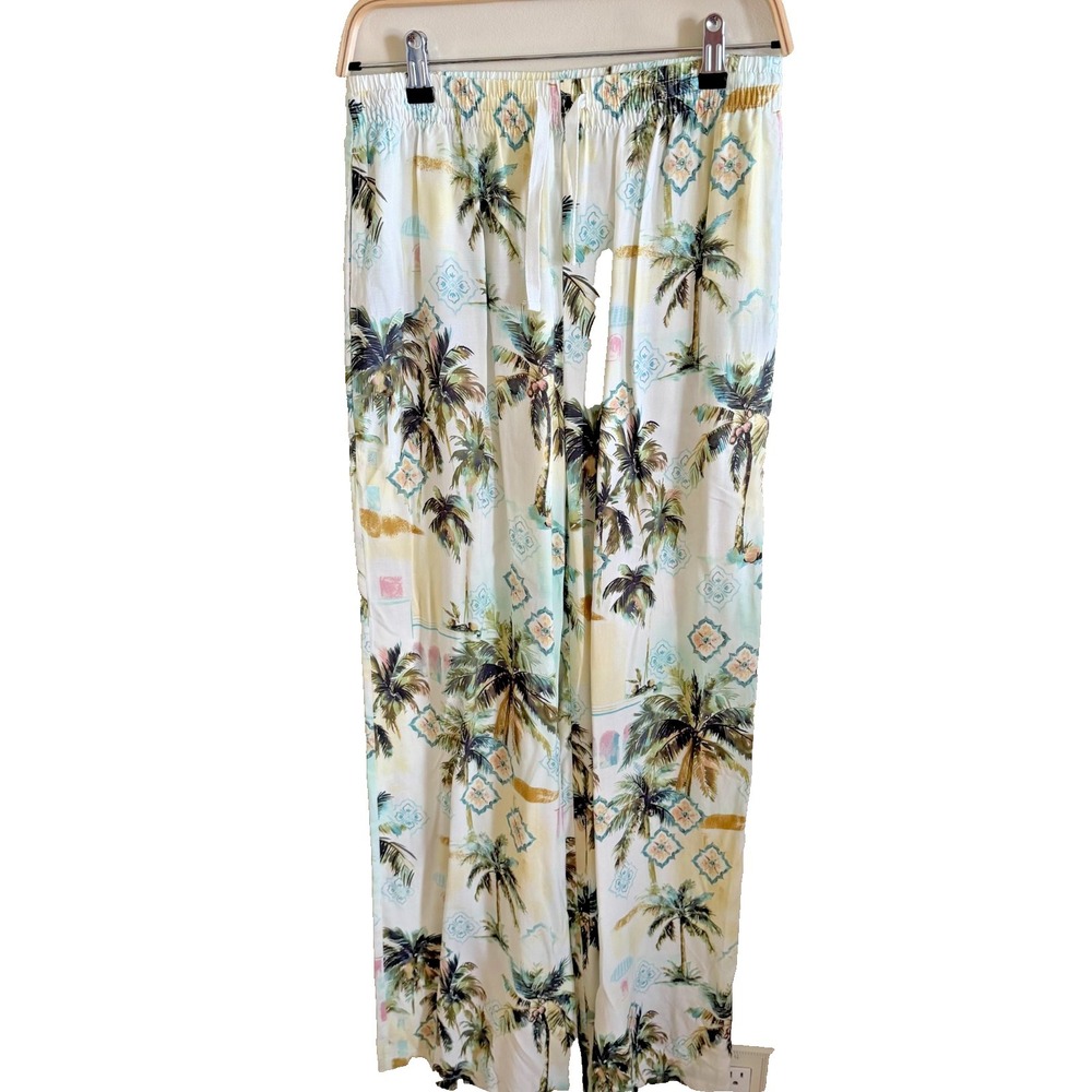 Liz Claiborne Tropical Print Pull On Rayon Pants Small Pockets Summer Resort‎